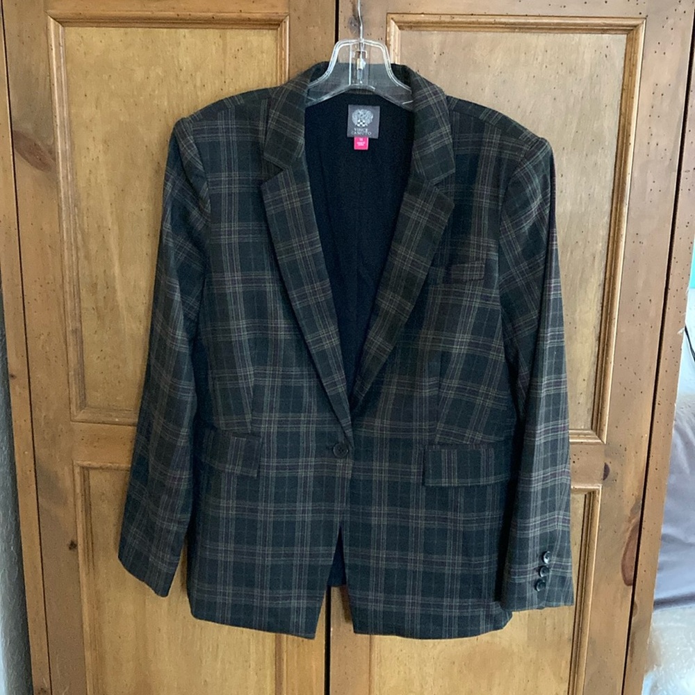 Vince Camuto Women’s Blazer Jacket Size 14 Black Plaid Traditional Preppy Core
